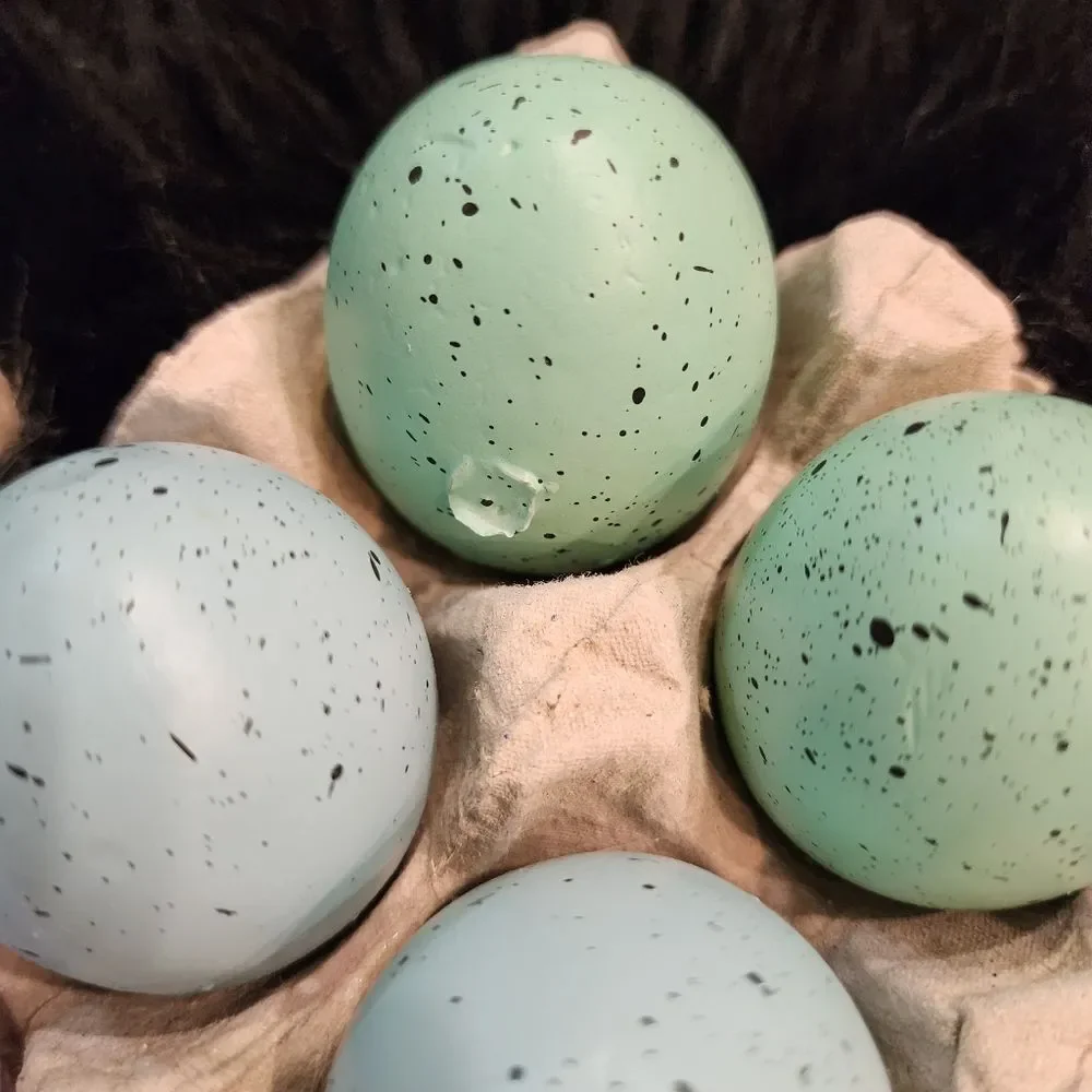 Speckled Dozen of Eggs With Carton Crate and Grass Bunny